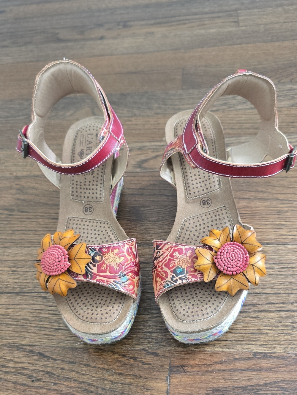 Floral Red Ankle-Strap Sandals with Sunflower Accent